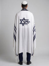 Am Israel Chai Tallit White Navy | Luxury Prayer Shawl