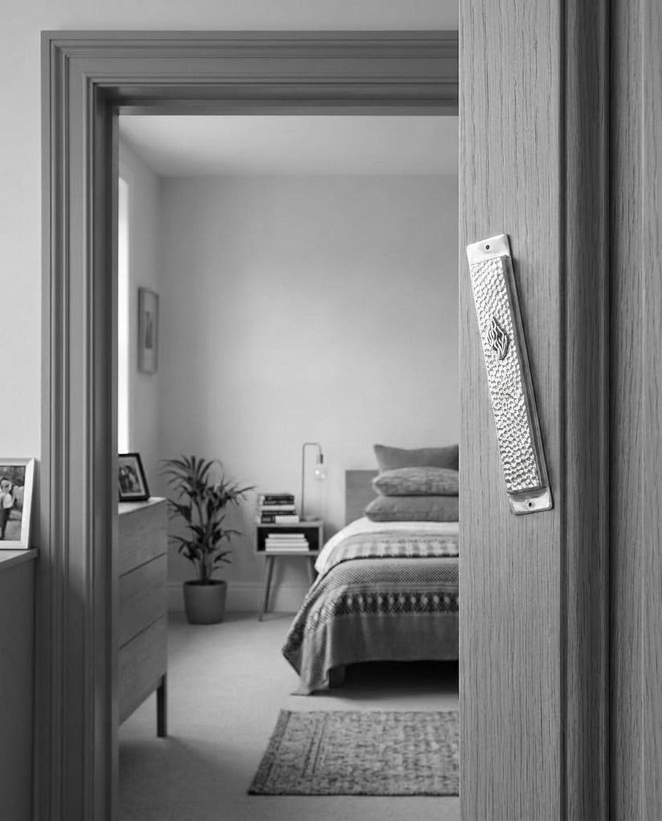 Hammered silver Aesh Sheli mezuzah mounted on an interior door frame, lifestyle photo, Kameart