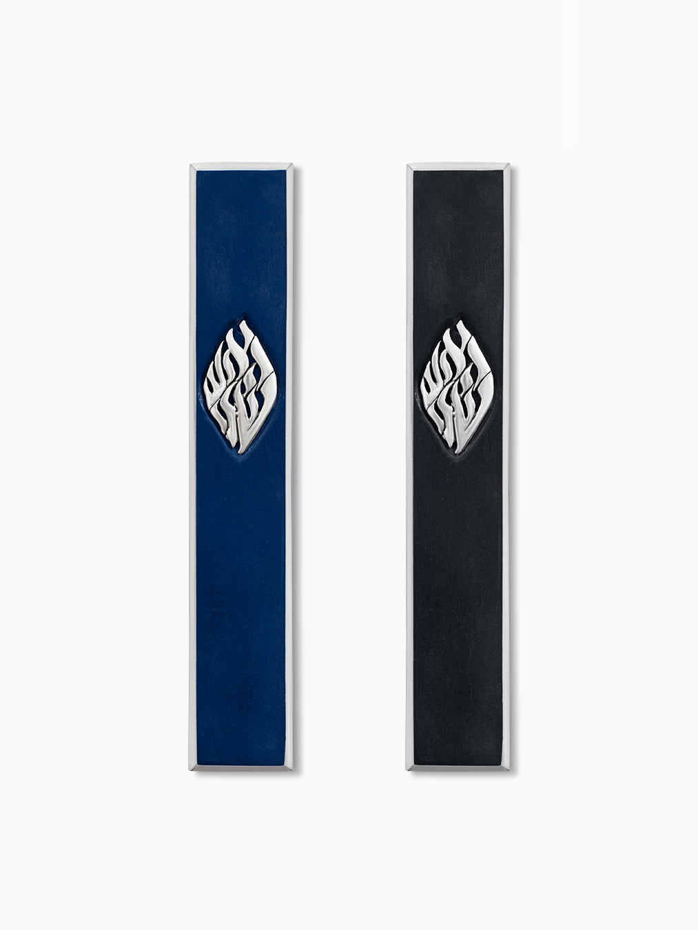 Concrete mezuzah cases with silver Aesh Sheli flame inlay, navy blue and black, handmade in Israel, Kameart