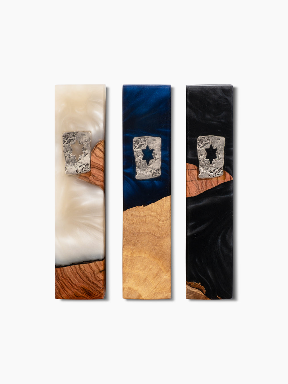 Olive wood and silver mezuzah cases with cut-out Star of David, pearl white, navy blue and black resin, handmade in Israel, Kameart