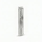 Silver mezuzah case with Aesh Sheli flame engraving, three-quarter angle view, polished sterling silver, handmade in Israel, Kameart