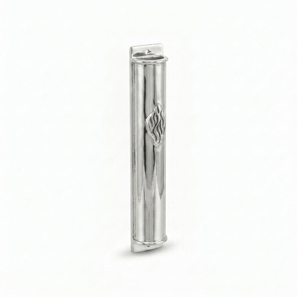 Silver mezuzah case with Aesh Sheli flame engraving, three-quarter angle view, polished sterling silver, handmade in Israel, Kameart
