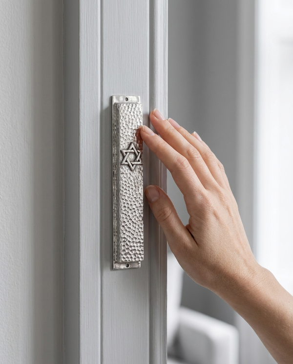 Hammered silver mezuzah case with Star of David, textured sterling silver, handmade in Israel, Kameart