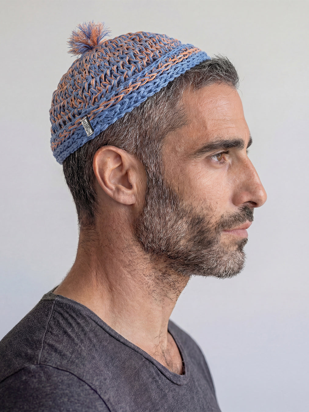 Handmade Linen Kippah with Pom-Pom Israel Jewish