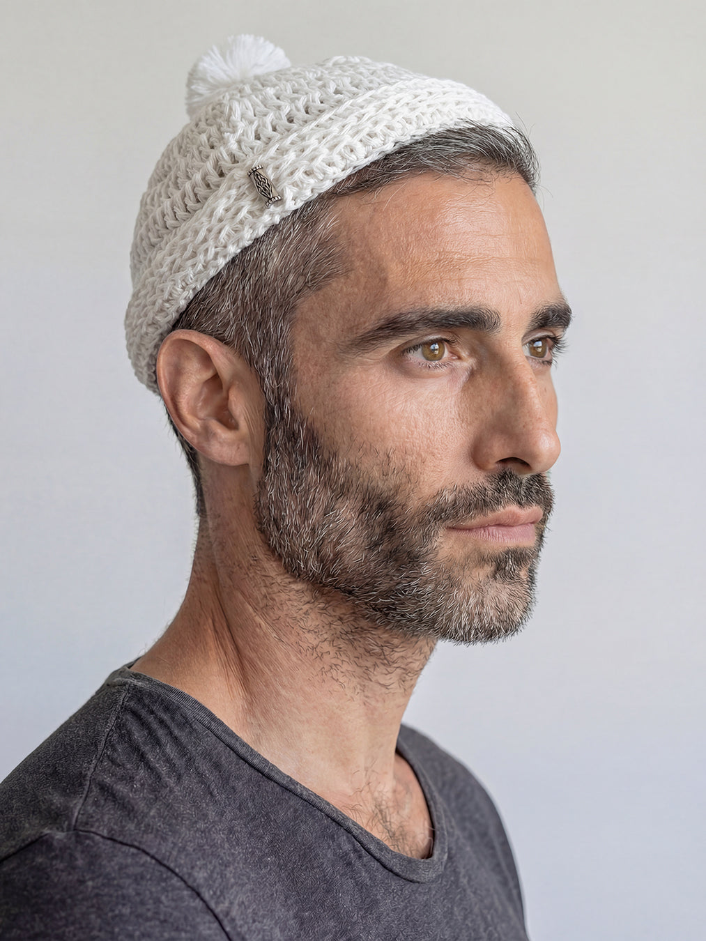 Handmade Linen Kippah with Pom-Pom Israel Jewish
