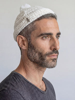Handmade Linen Kippah with Pom-Pom Israel Jewish