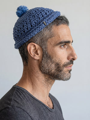 Handmade Linen Kippah with Pom-Pom Israel Jewish