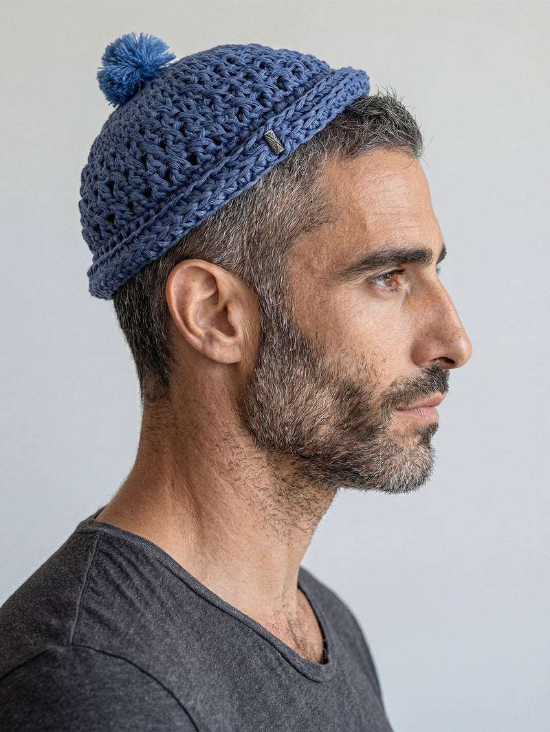 Handmade Linen Kippah with Pom-Pom Israel Jewish