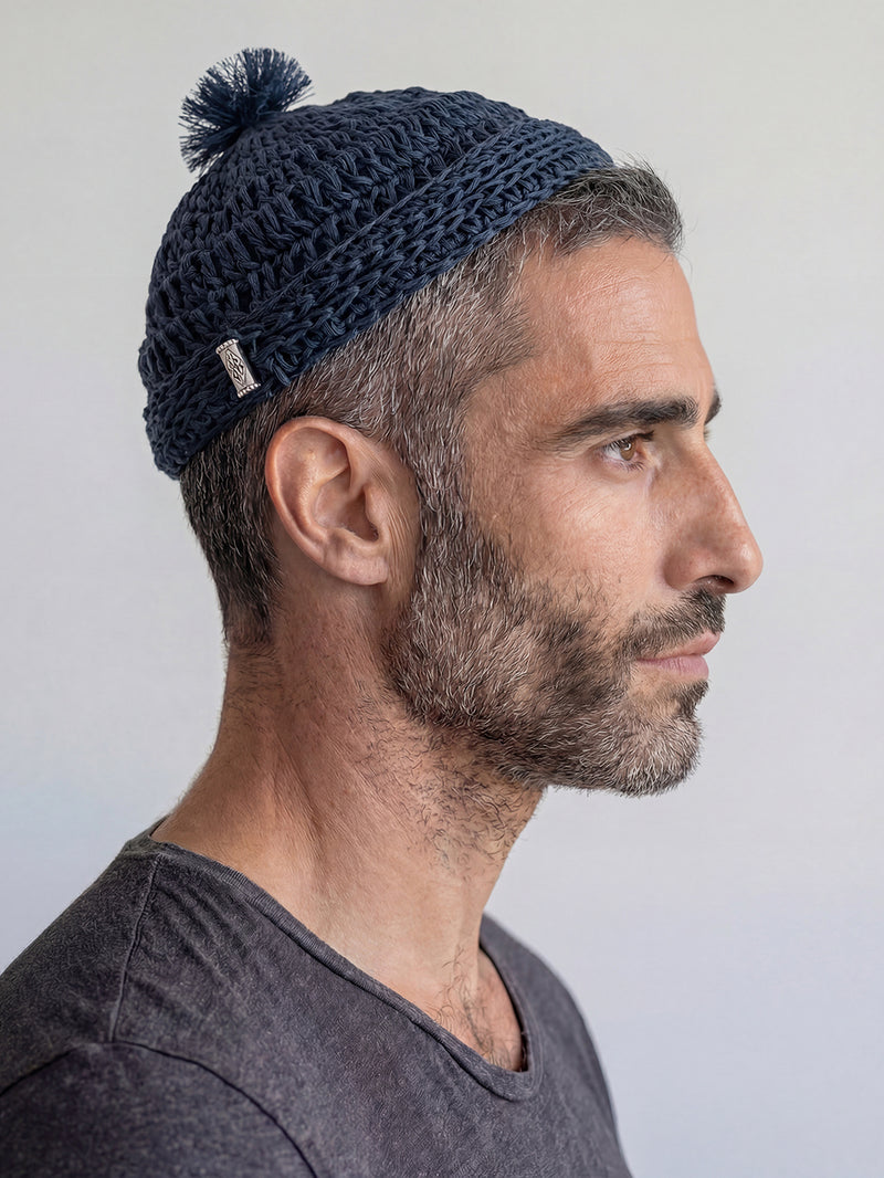 Handmade Linen Kippah with Pom-Pom Israel Jewish