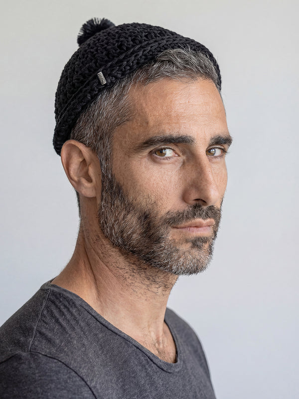 Handmade Linen Kippah with Pom-Pom Israel Jewish