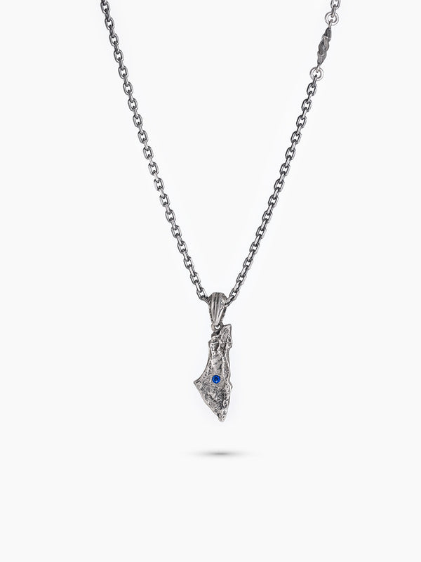 Israel Map Necklace Sterling Silver 925 Blue Sapphire