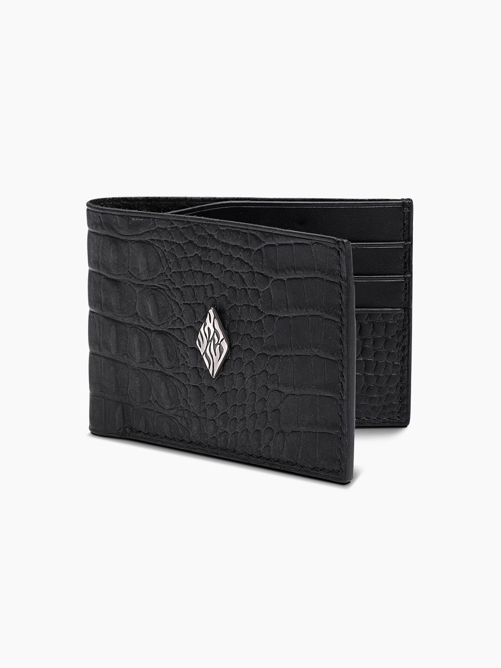 Leather Wallet Black Croco Embossed Handmade