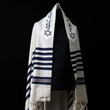 Menorah Tallit White Blue | Luxury Jewish Prayer Shawl