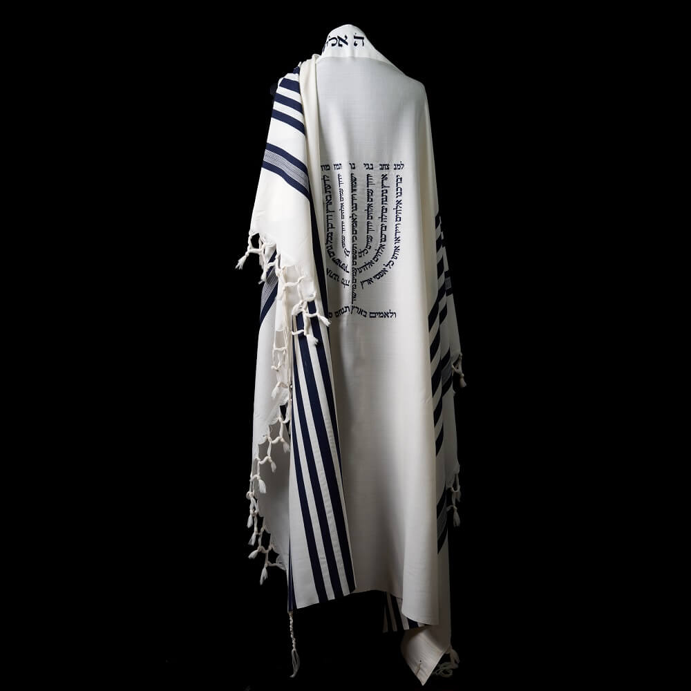 Menorah Tallit White Blue | Luxury Jewish Prayer Shawl