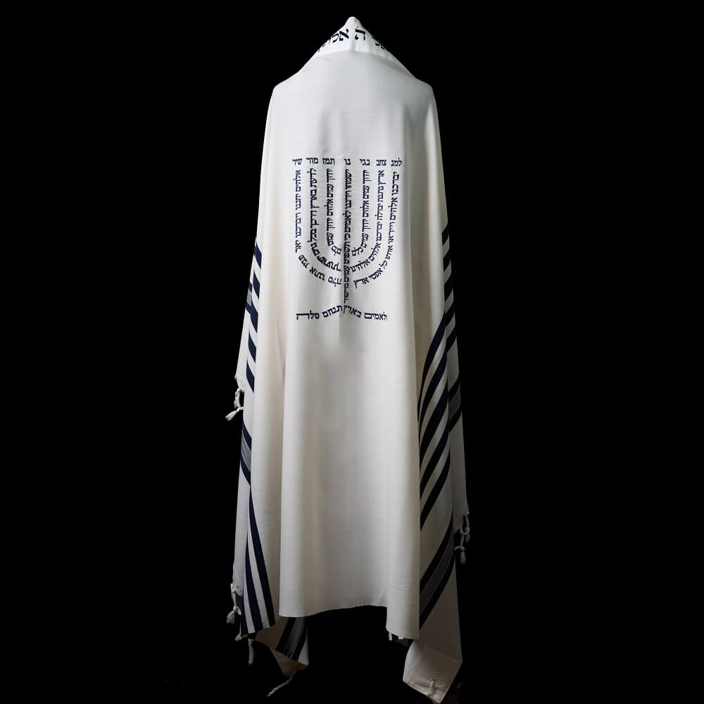 Menorah Tallit White Blue | Luxury Jewish Prayer Shawl