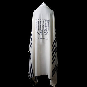 Menorah Tallit White Blue | Luxury Jewish Prayer Shawl
