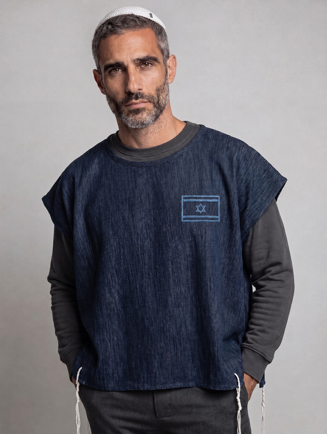 Modern Talit Katan Blue Denim | Israel Flag Embroidery – Kameart