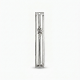 Close-up of polished silver mezuzah case showing Aesh Sheli flame detail and shine, handmade in Israel, Kameart