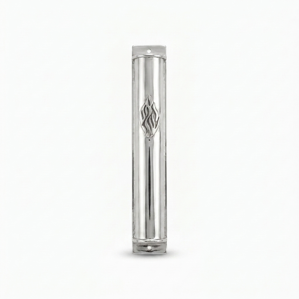 Close-up of polished silver mezuzah case showing Aesh Sheli flame detail and shine, handmade in Israel, Kameart