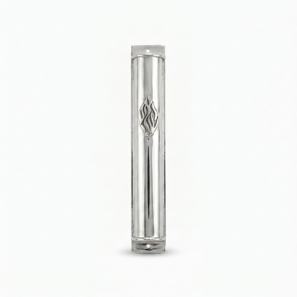 Close-up of polished silver mezuzah case showing Aesh Sheli flame detail and shine, handmade in Israel, Kameart