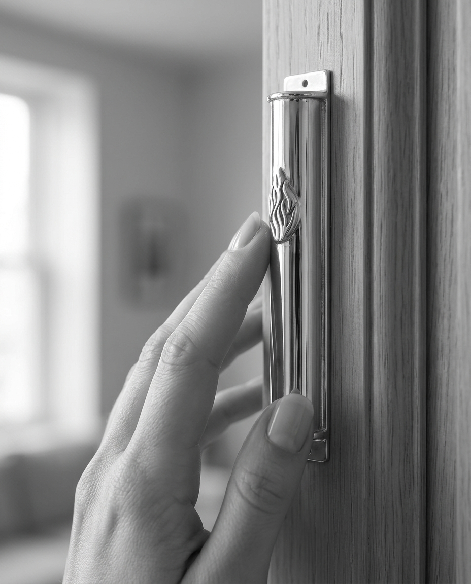 Silver mezuzah case with Aesh Sheli flame engraving, polished sterling silver, handmade in Israel, Kameart