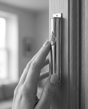 Silver mezuzah case with Aesh Sheli flame engraving, polished sterling silver, handmade in Israel, Kameart
