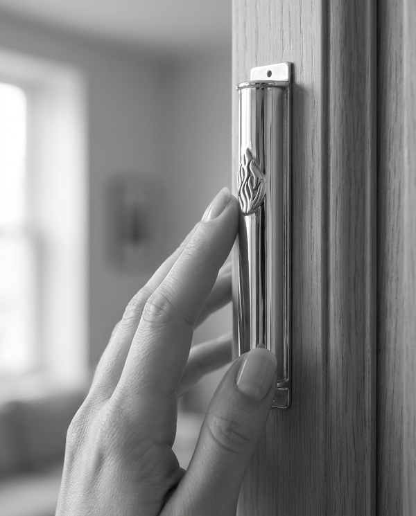 Silver mezuzah case with Aesh Sheli flame engraving, polished sterling silver, handmade in Israel, Kameart