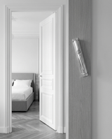 Silver mezuzah case with rounded arch top and Aesh Sheli flame engraving, side angle, handmade in Israel, Kameart