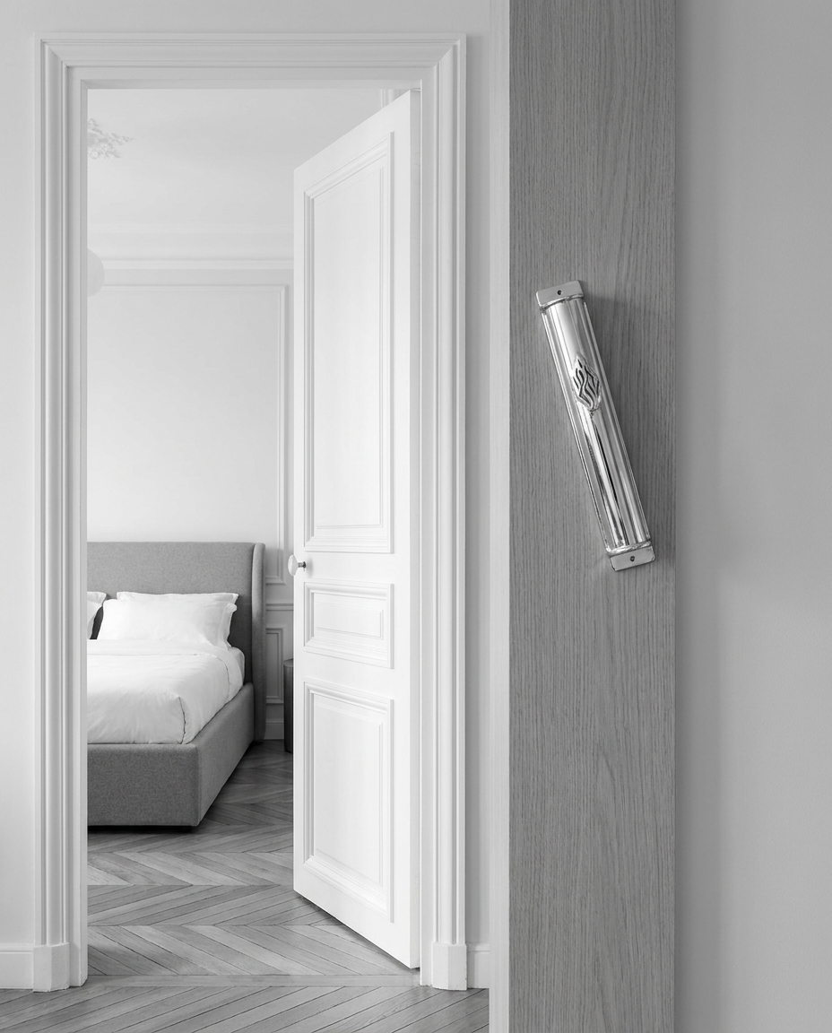 Silver mezuzah case with rounded arch top and Aesh Sheli flame engraving, side angle, handmade in Israel, Kameart