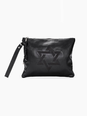 Star of David Leather Pouch Handbag Black Smooth Israel
