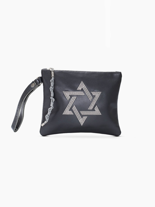 Star of David Leather Pouch Handbag Gray Smooth Israel