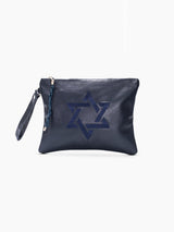 Star of David Leather Pouch Handbag Navy Smooth Israel