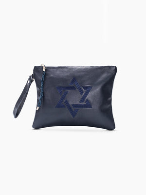 Star of David Leather Pouch Handbag Navy Smooth Israel