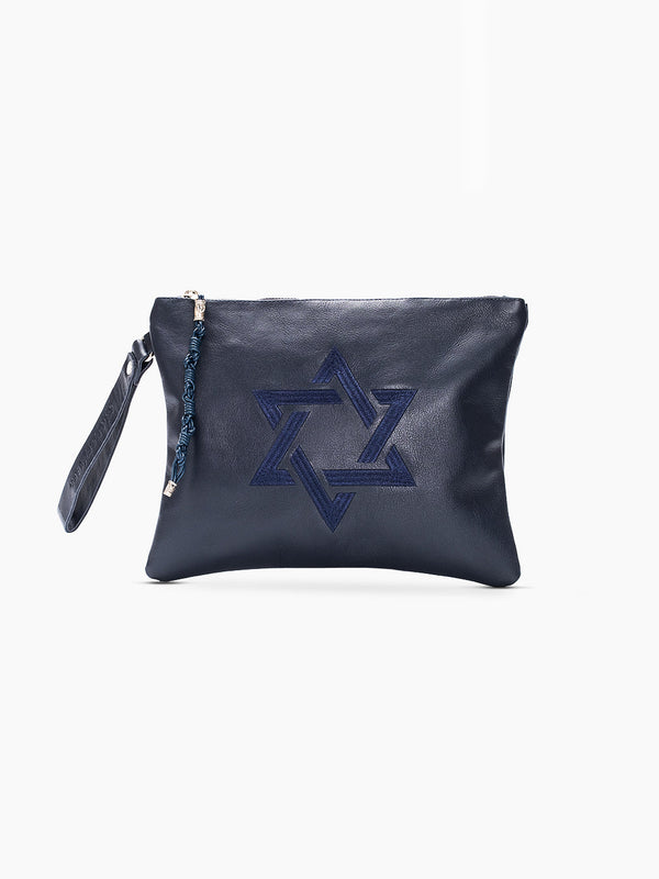 Star of David Leather Pouch Handbag Navy Smooth Israel