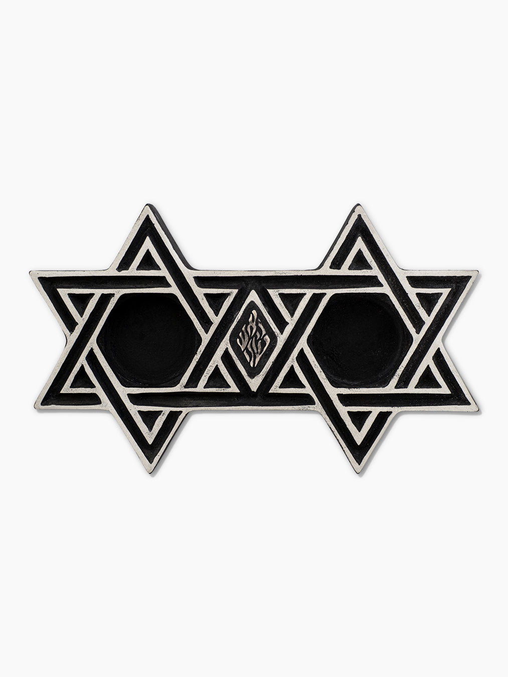 Star of David Shabbat Candlesticks, black concrete with hand-painted silver detailing, front view, handmade in Israel, Kameart