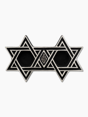 Star of David Shabbat Candlesticks, black concrete with hand-painted silver detailing, front view, handmade in Israel, Kameart