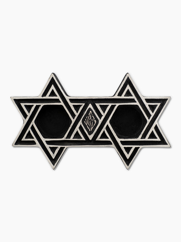 Star of David Shabbat Candlesticks, black concrete with hand-painted silver detailing, front view, handmade in Israel, Kameart