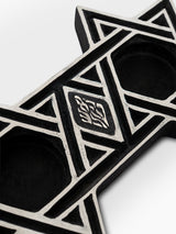 Star of David Shabbat Candlesticks, close-up of silver relief detailing and genuine sterling silver 925 Aesh Sheli flame emblem, handmade in Israel, Kameart