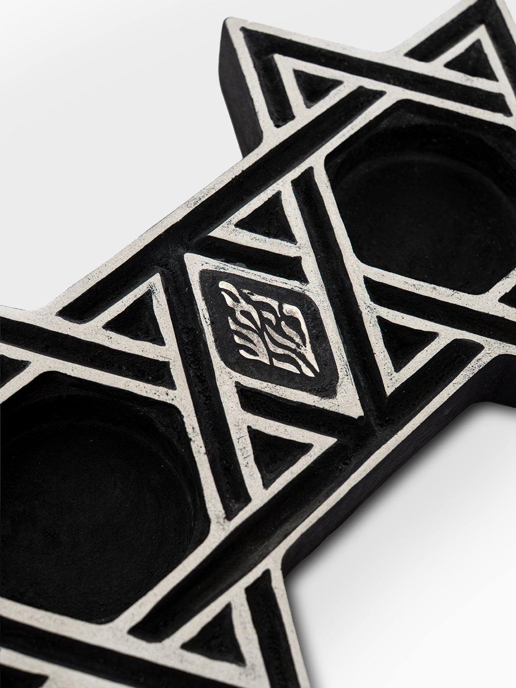Star of David Shabbat Candlesticks, close-up of silver relief detailing and genuine sterling silver 925 Aesh Sheli flame emblem, handmade in Israel, Kameart