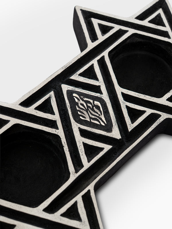 Star of David Shabbat Candlesticks, close-up of silver relief detailing and genuine sterling silver 925 Aesh Sheli flame emblem, handmade in Israel, Kameart