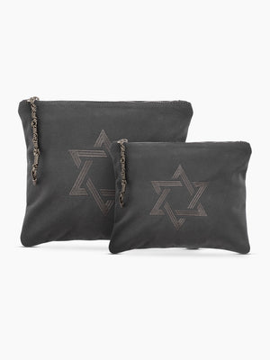 Star of David Tallit Bag Gray Leather – Tefillin Bag Set