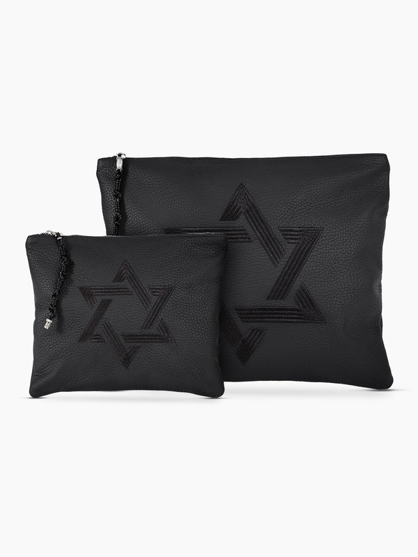 Star of David Tallit Tefilin Bag Set Black Grained