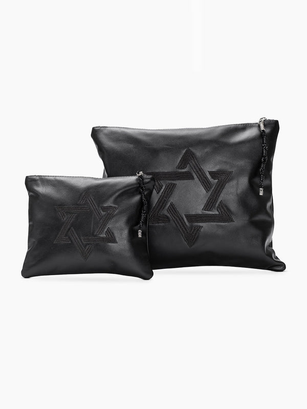 Star of David Tallit Tefilin Bag Set Black Leather