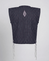Tallit katan blue stripes, back view with Aesh Sheli flame embroidery, handmade in Israel, Kameart