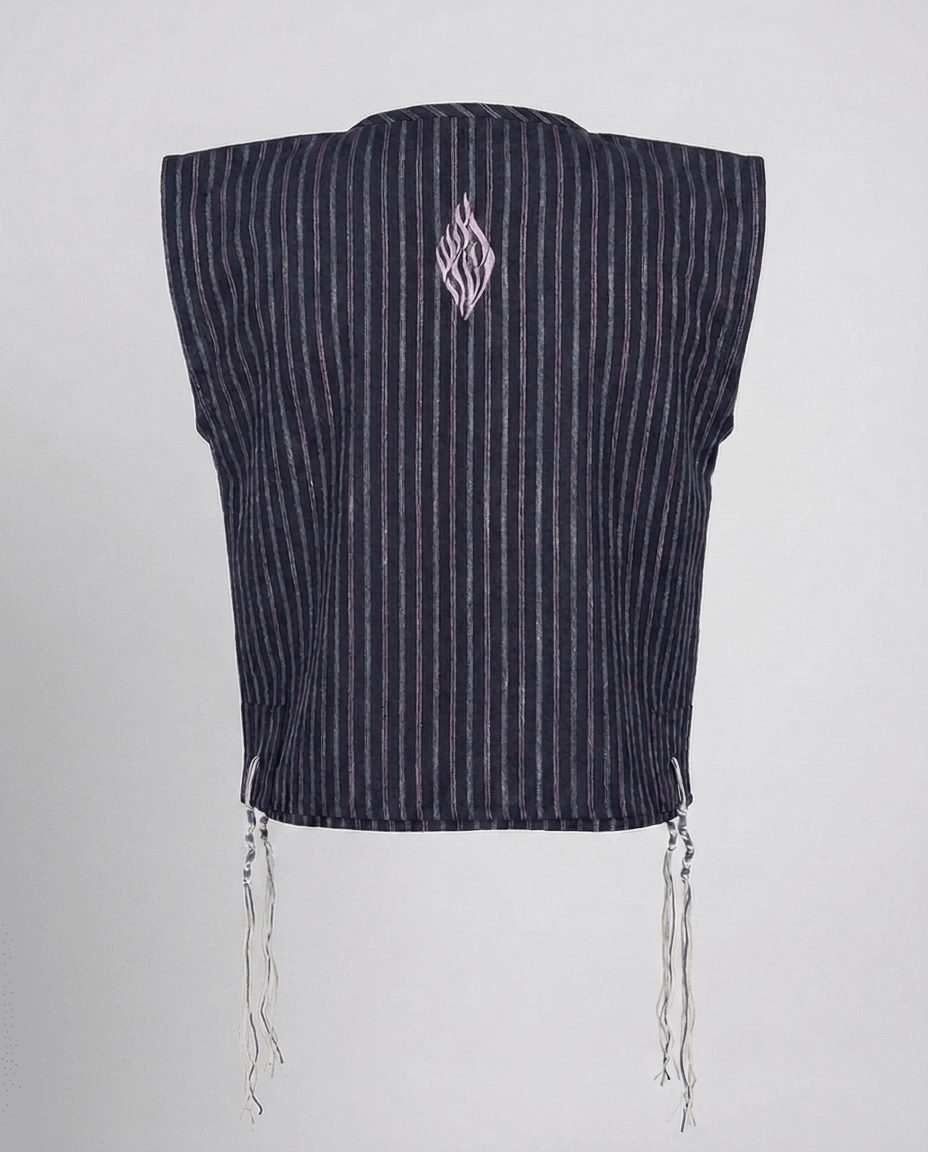 Tallit katan blue stripes, back view with Aesh Sheli flame embroidery, handmade in Israel, Kameart