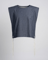 Tallit katan in denim with hand-embroidered Magen David on the chest, white tzitzit, handmade in Israel, Kameart