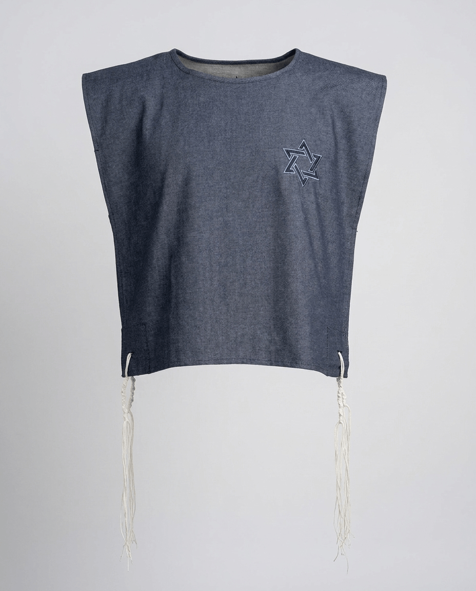 Tallit katan in denim with hand-embroidered Magen David on the chest, white tzitzit, handmade in Israel, Kameart