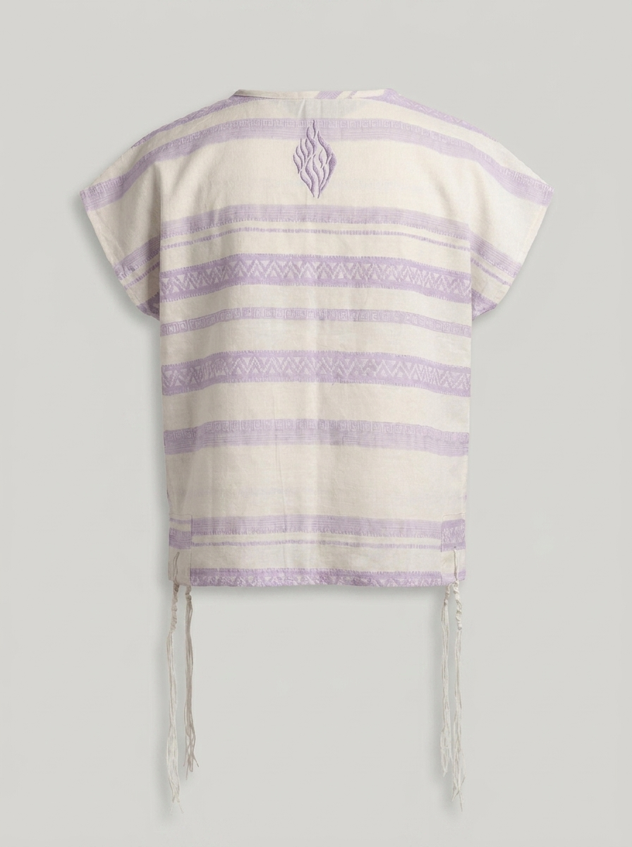 Tallit katan in purple stripes, back view with Aesh Sheli flame embroidery, handmade in Israel, Kameart
