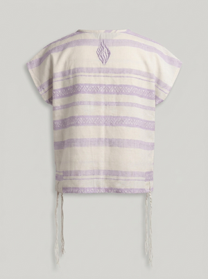 Tallit katan in purple stripes, back view with Aesh Sheli flame embroidery, handmade in Israel, Kameart