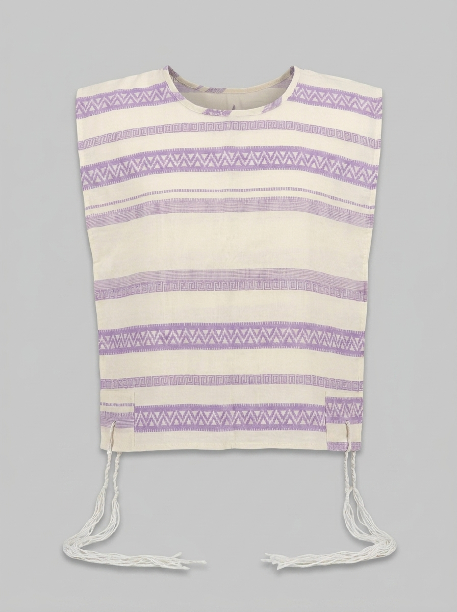 Tallit katan in purple stripes with woven Greek-key border, handmade in Israel, Kameart